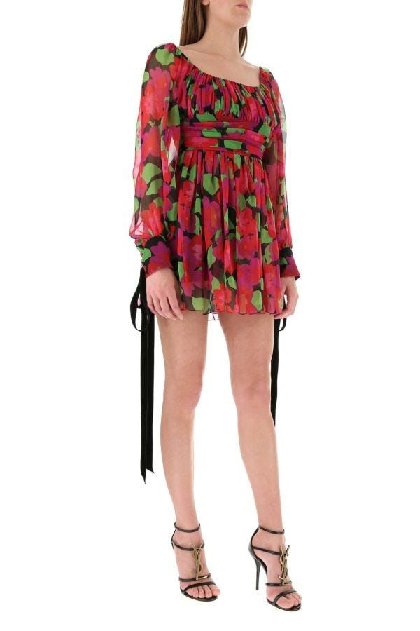 SAINT LAURENT Floral Printed Silk Mini Dress