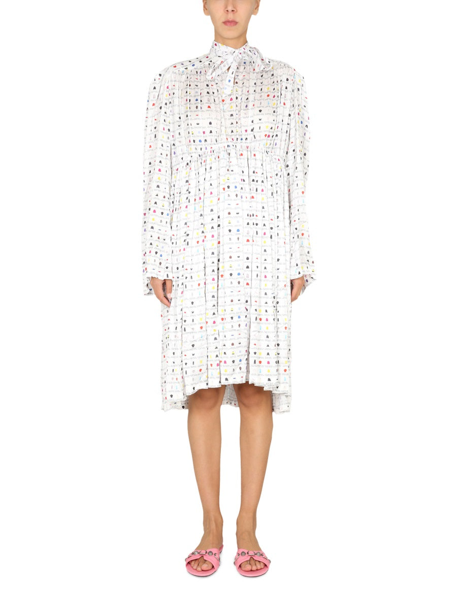 BALENCIAGA Floral Draped High Neck Mini Dress with Bow