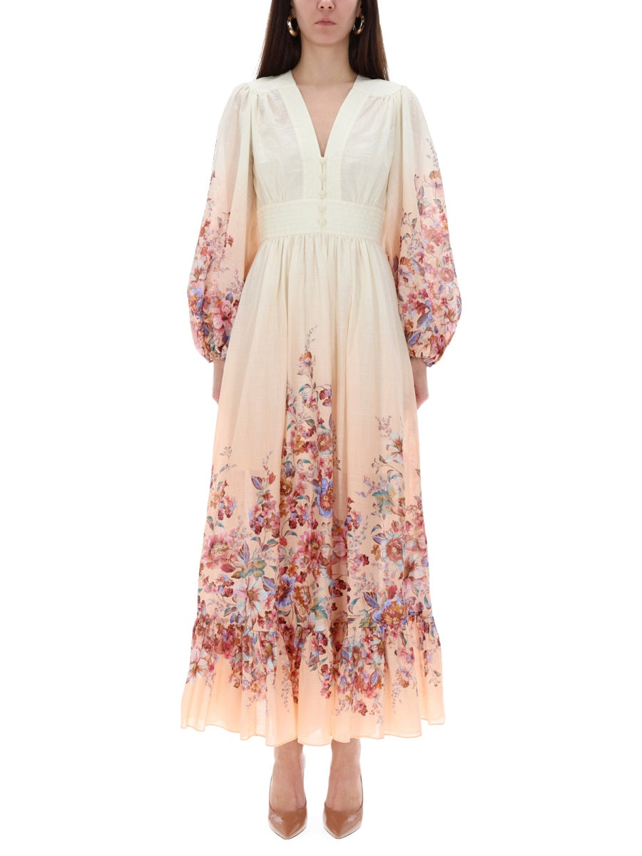 ZIMMERMANN Floral Print Cotton Maxi Dress with Long Sleeves