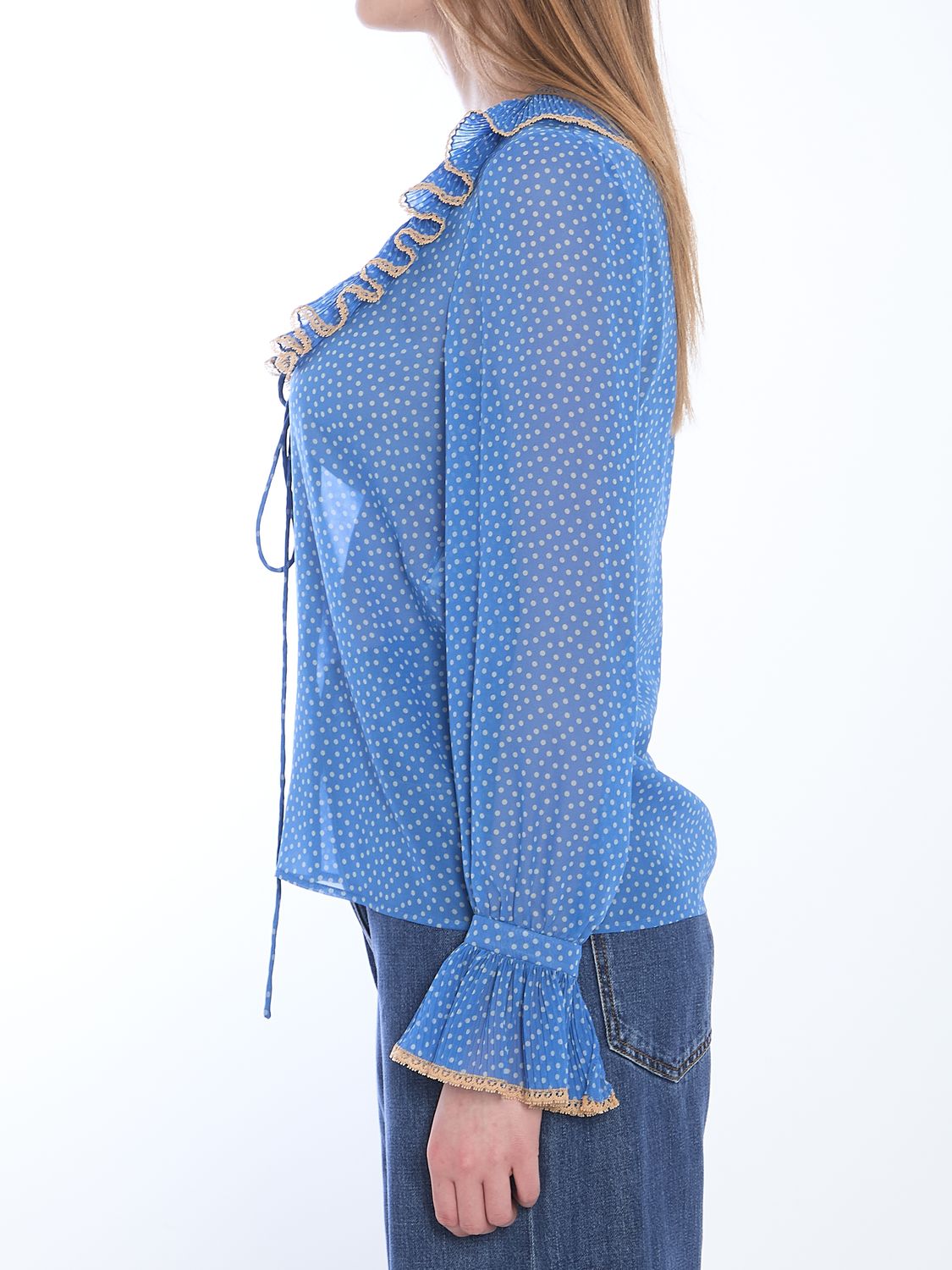 VALENTINO GARAVANI Polka Dot Silk Blouse with Pleated Ruffle Trim - Size IT 40