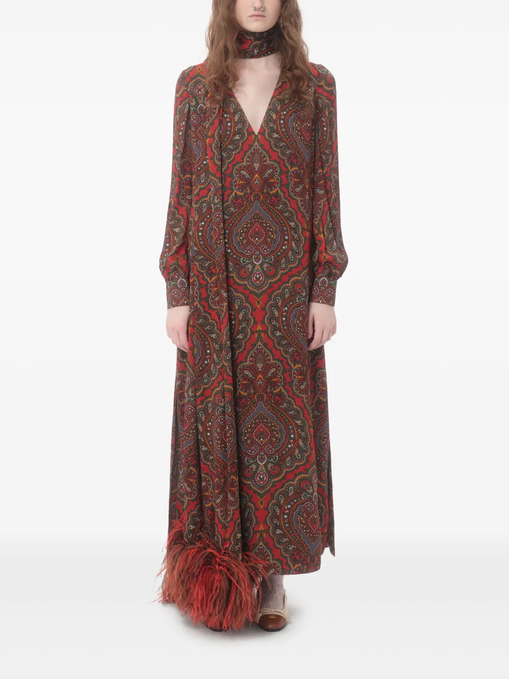 VALENTINO GARAVANI Midi Dress with V-Neck and Ostrich Feathers - Size 42