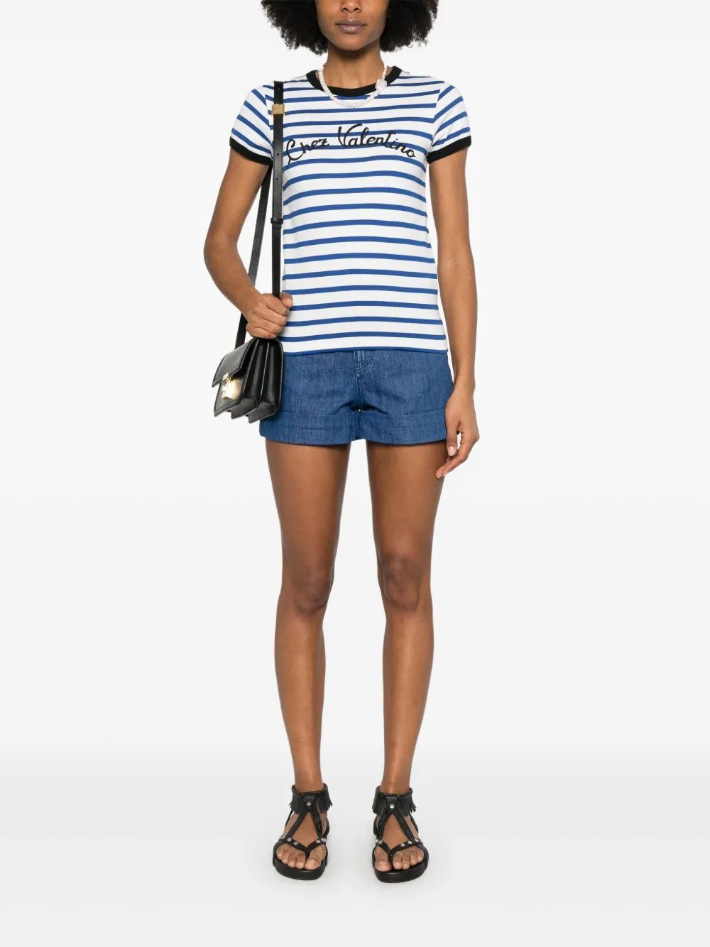 VALENTINO Striped Cotton T-Shirt with Mini Handbag - Women's Small