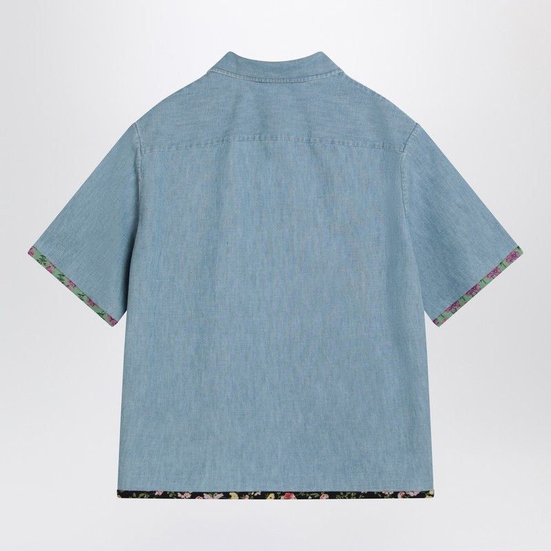 VALENTINO Denim Shirt with Floral Trims - Short Sleeve, Boxy Fit