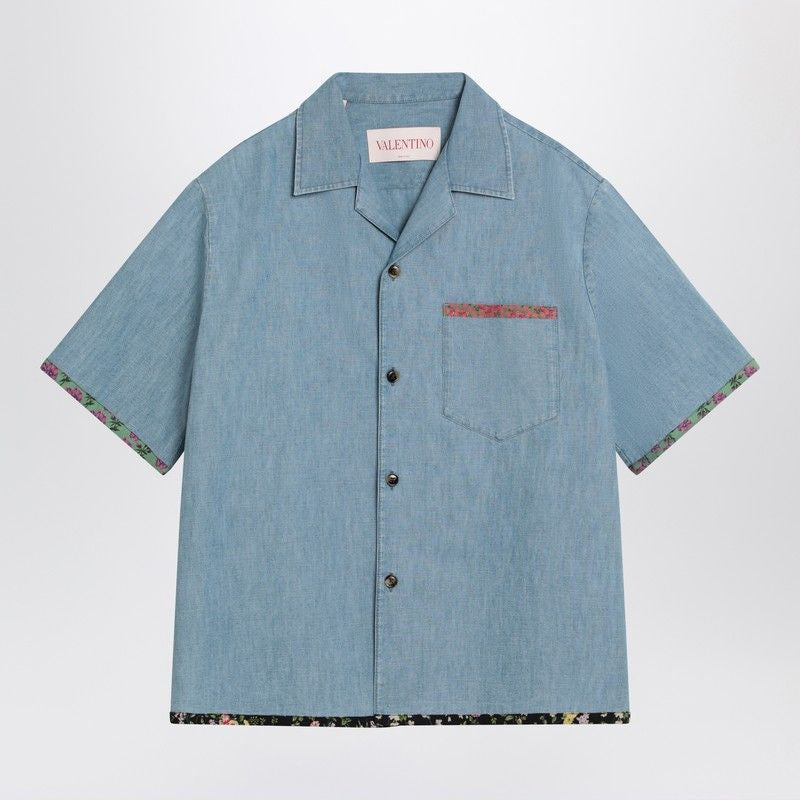 VALENTINO Denim Shirt with Floral Trims - Short Sleeve, Boxy Fit