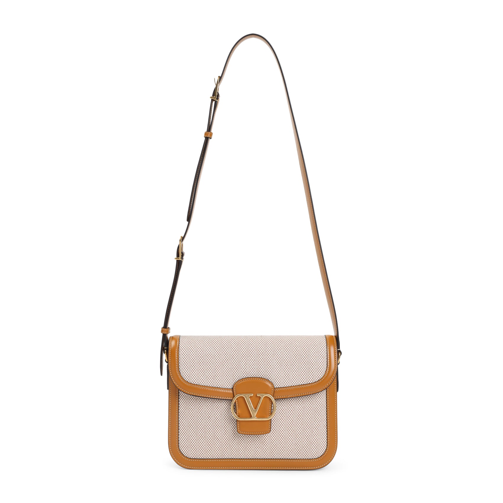 VALENTINO GARAVANI Natural Honey Mini Shoulder Bag with Gold Logo Checks