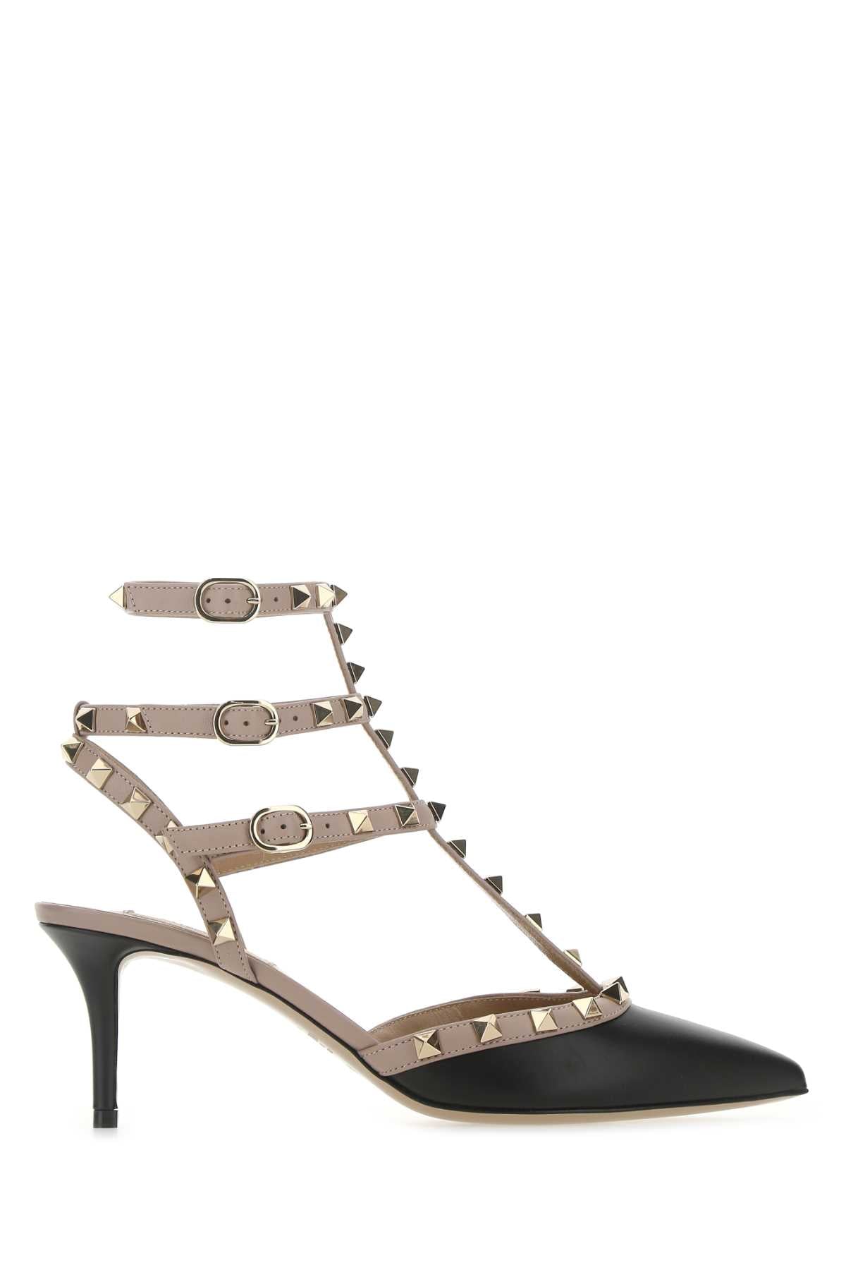 VALENTINO GARAVANI Two-Tone Leather Rockstud Pumps with Ankle Strap