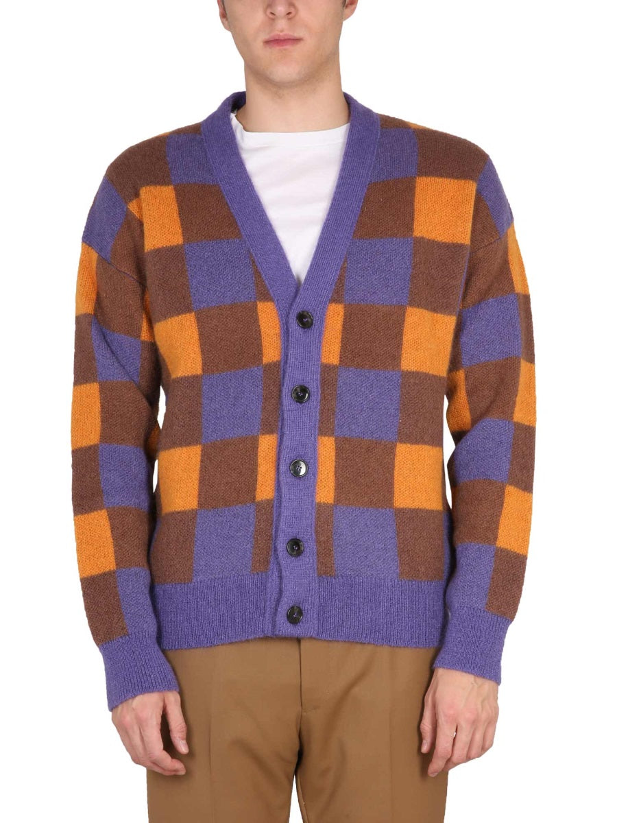 DRÔLE DE MONSIEUR Check Pattern Cardigan for Men - V-Neck Style