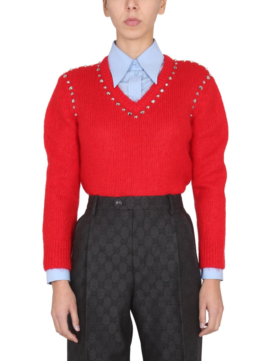 GUCCI V-Neck Studded Mohair Sweater