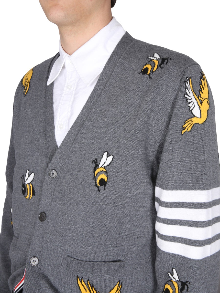 THOM BROWNE Elegant V-Neck Cardigan with Birds and Bees Inlays for Men