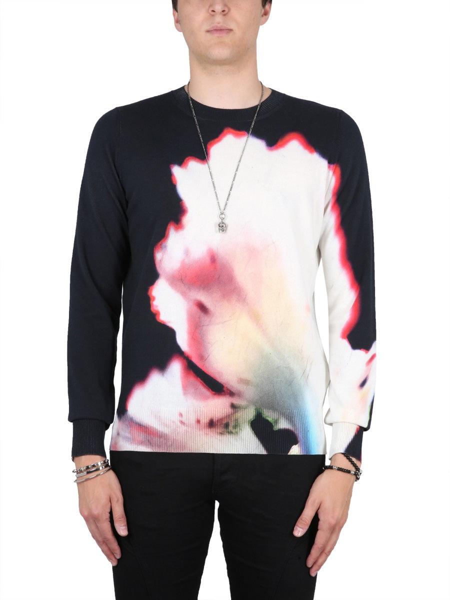 ALEXANDER MCQUEEN Textured T-Shirt with Solarised Flower Print