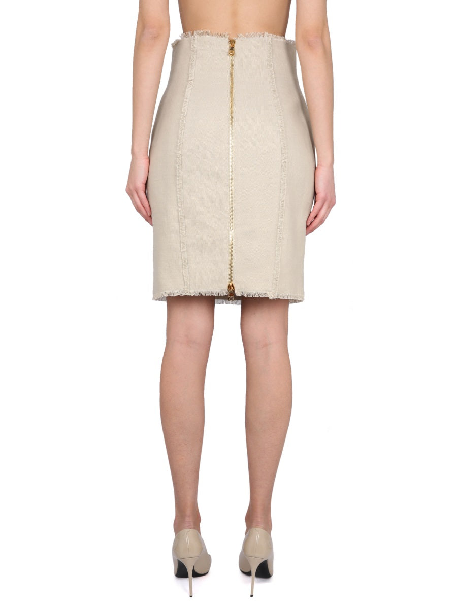 BALMAIN Linen Midi Skirt with Back Zipper Closure
