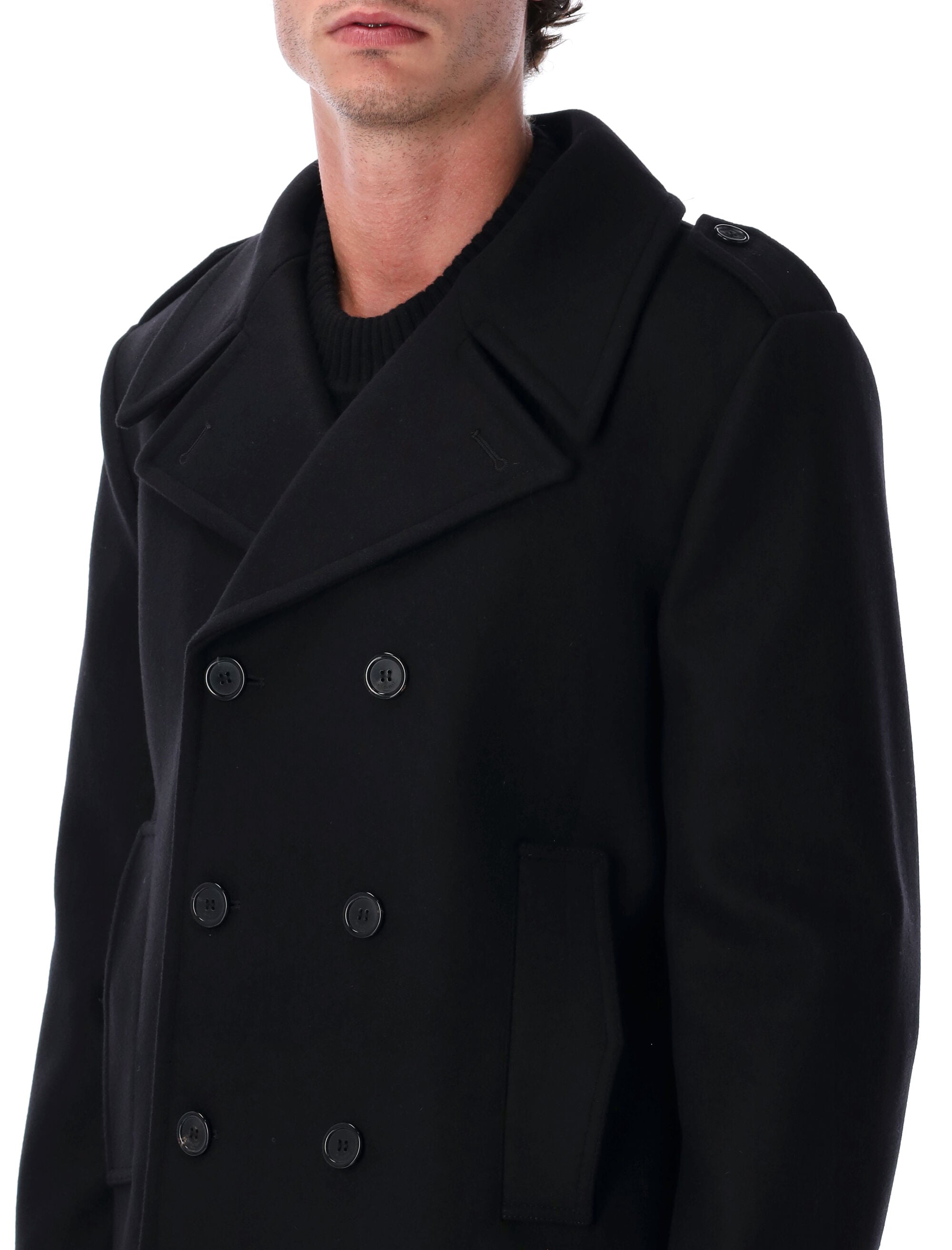 SAINT LAURENT Tailored Wool Peacoat with Epaulettes - Size 50