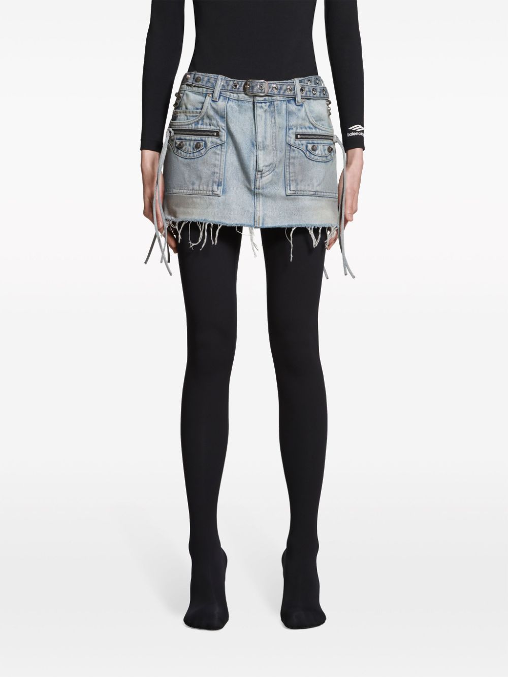 BALENCIAGA Fringed Low Waist Denim Mini Skirt