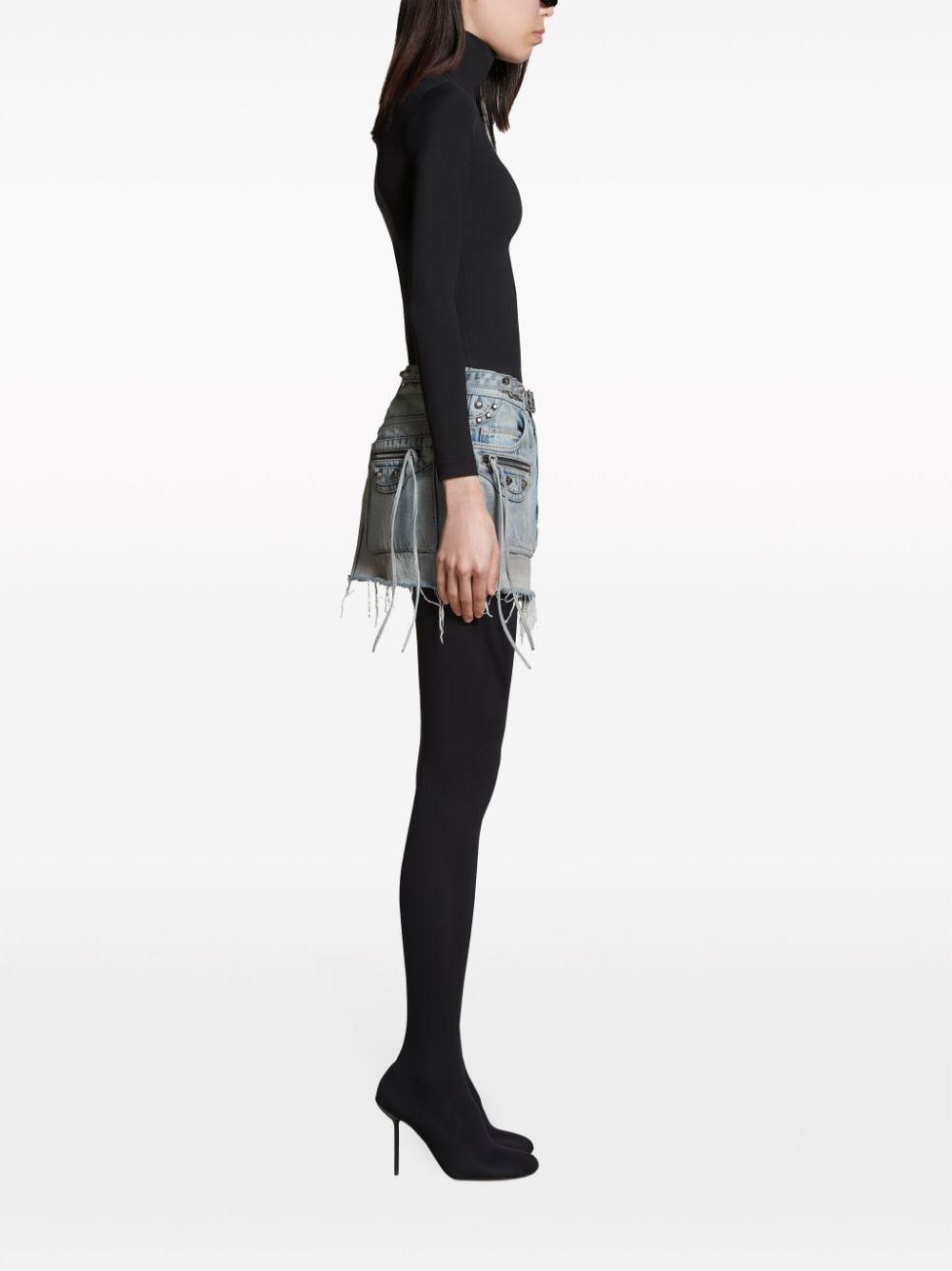 BALENCIAGA Fringed Low Waist Denim Mini Skirt