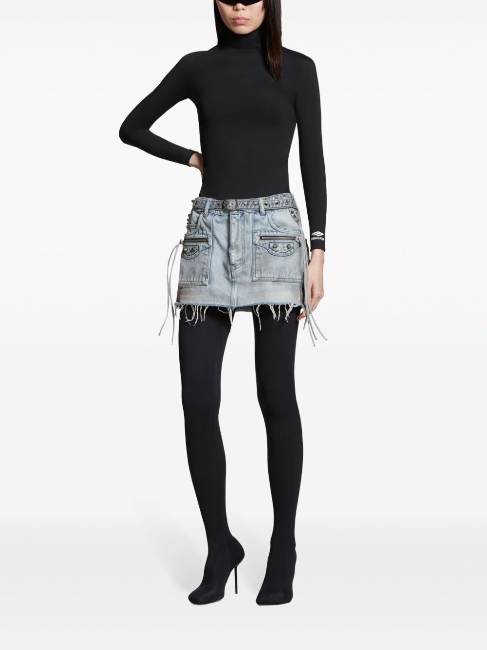 BALENCIAGA Fringed Low Waist Denim Mini Skirt