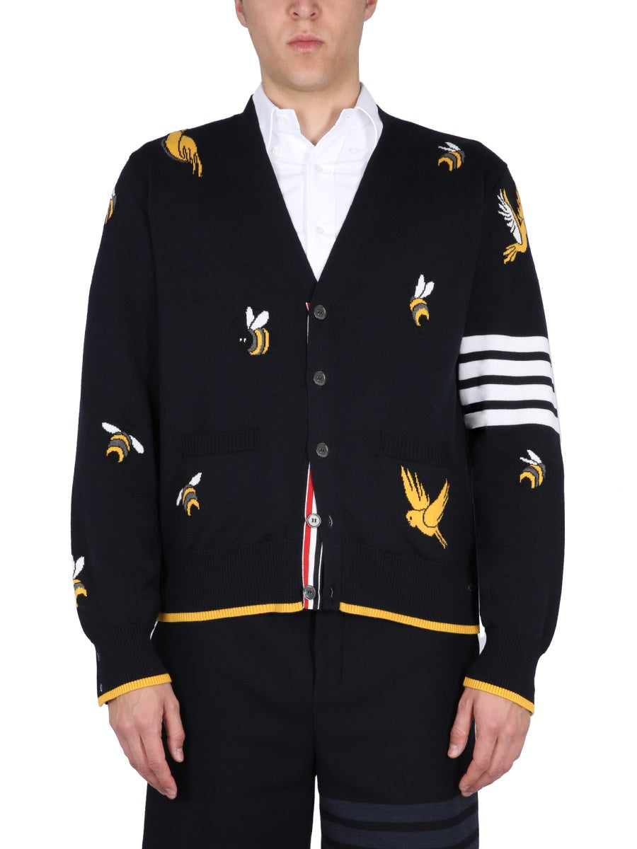 THOM BROWNE V-Neck Cardigan with Birds and Bees Inlays