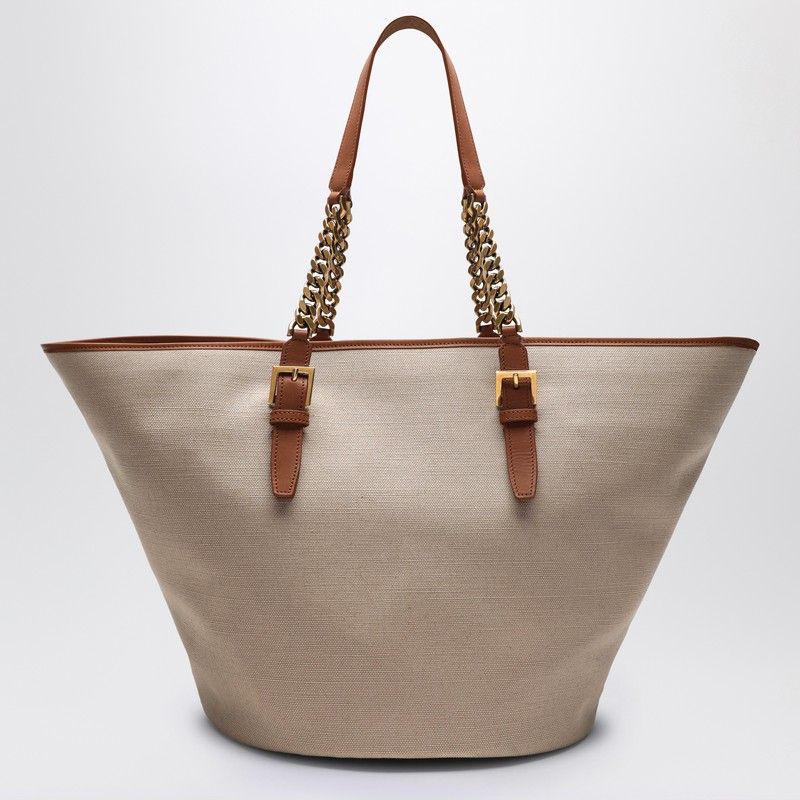 SAINT LAURENT Desert-Colored Shoulder Handbag in Canvas and Leather