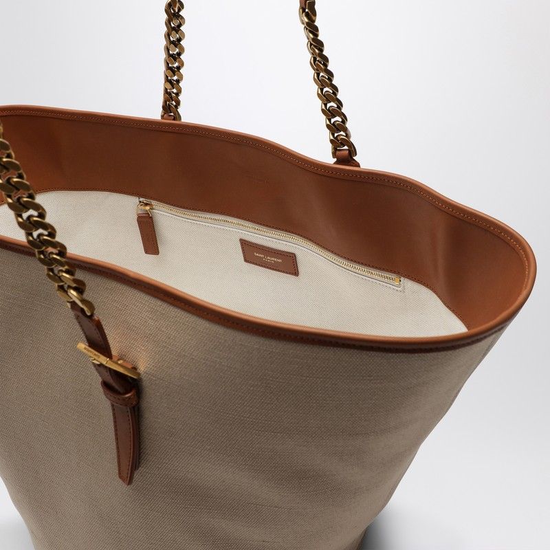 SAINT LAURENT Desert-Colored Shoulder Handbag in Canvas and Leather