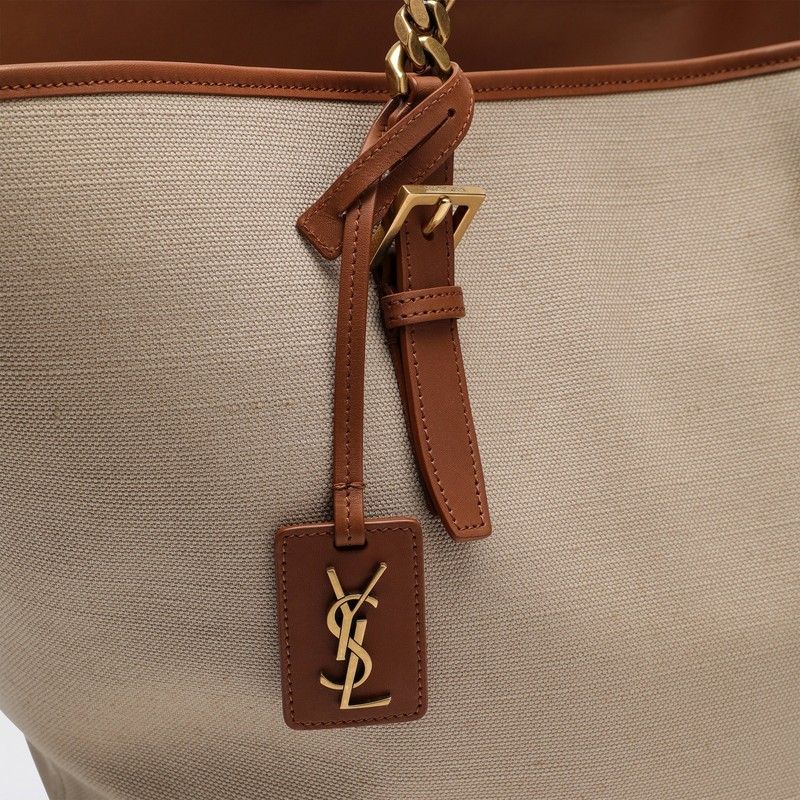 SAINT LAURENT Desert-Colored Shoulder Handbag in Canvas and Leather