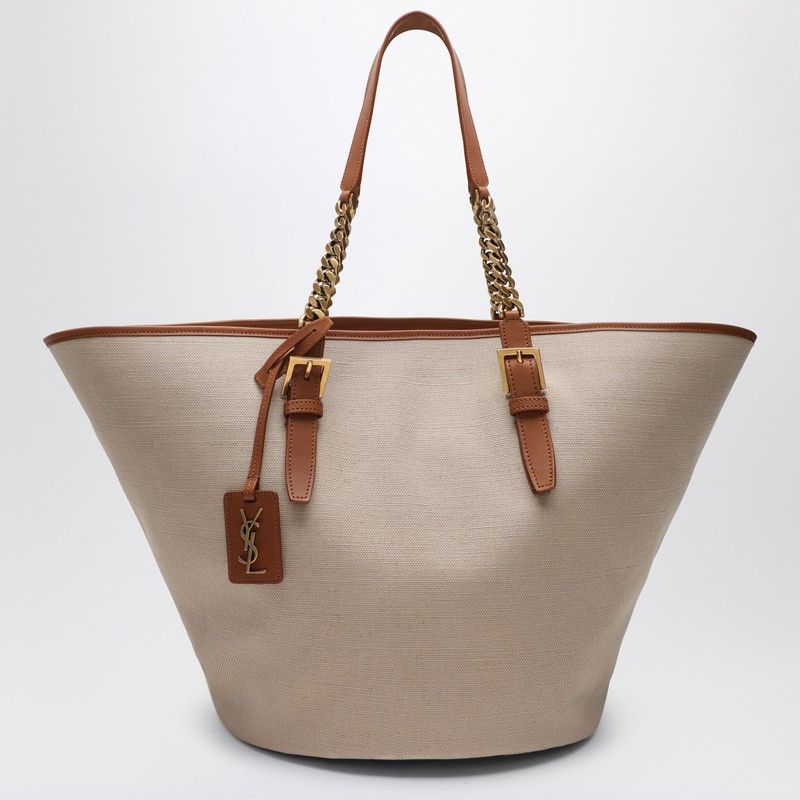 SAINT LAURENT Desert-Colored Shoulder Handbag in Canvas and Leather