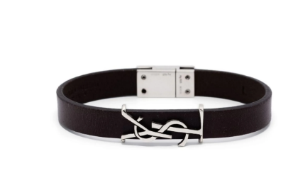 SAINT LAURENT Leather Bracelet with Sterling Silver Logo Plaque Closure