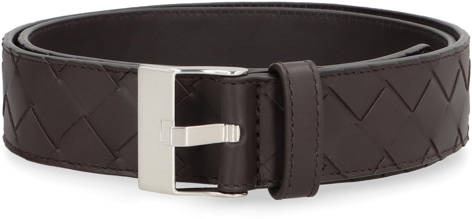 BOTTEGA VENETA Intrecciato Leather Belt with Silver-Tone Buckle (3.5 x 4 cm)