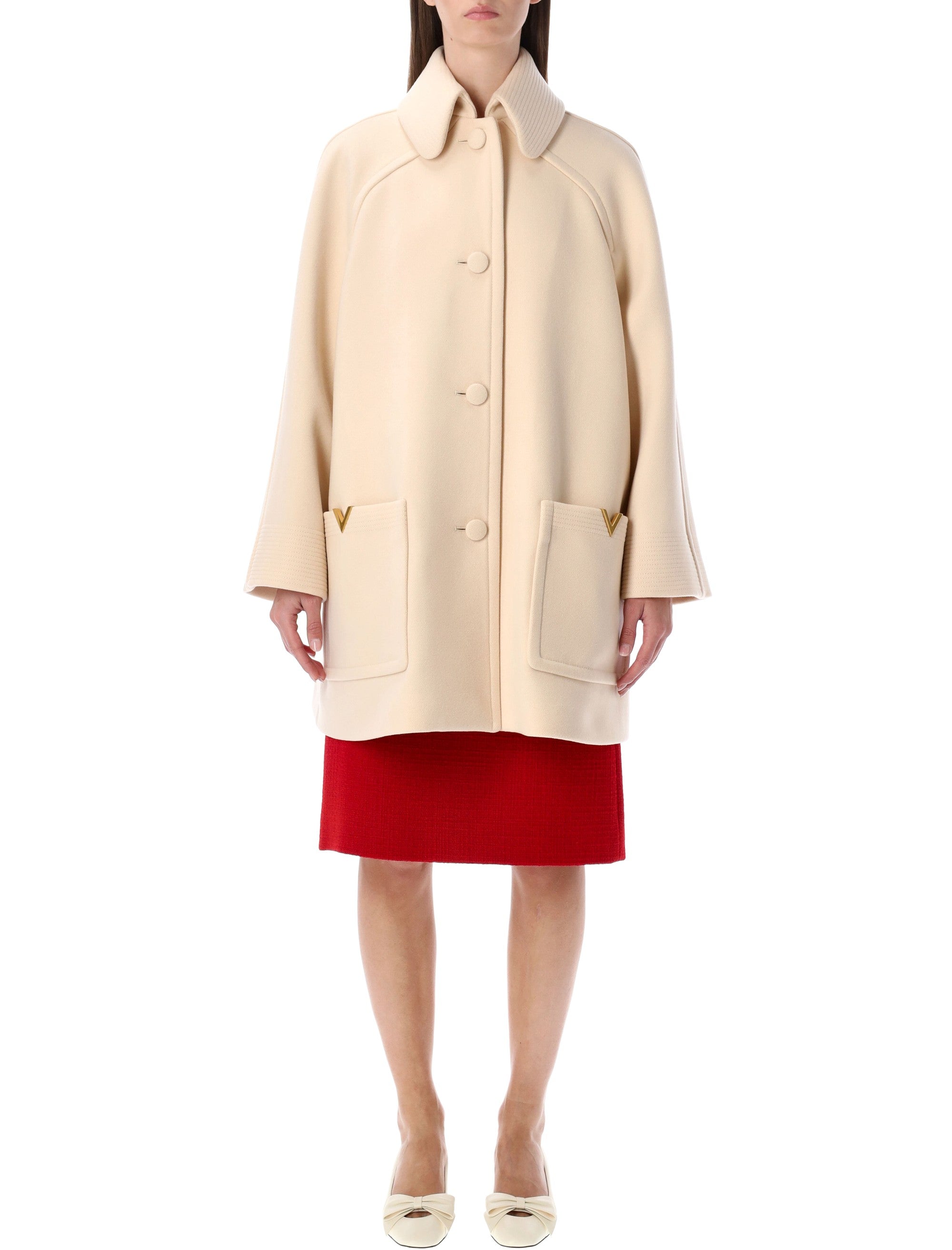 VALENTINO GARAVANI Wool Drap Peacoat with V Gold Detail - Size 40