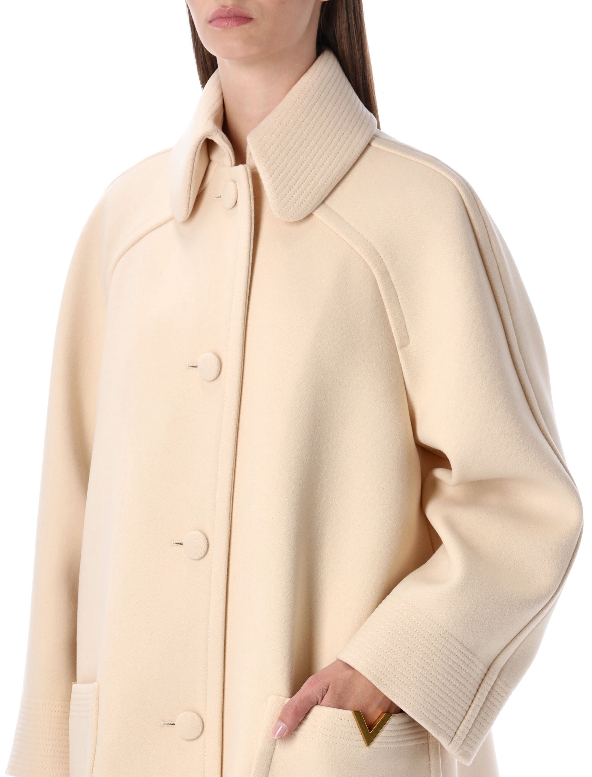 VALENTINO GARAVANI Wool Drap Peacoat with V Gold Detail - Size 40