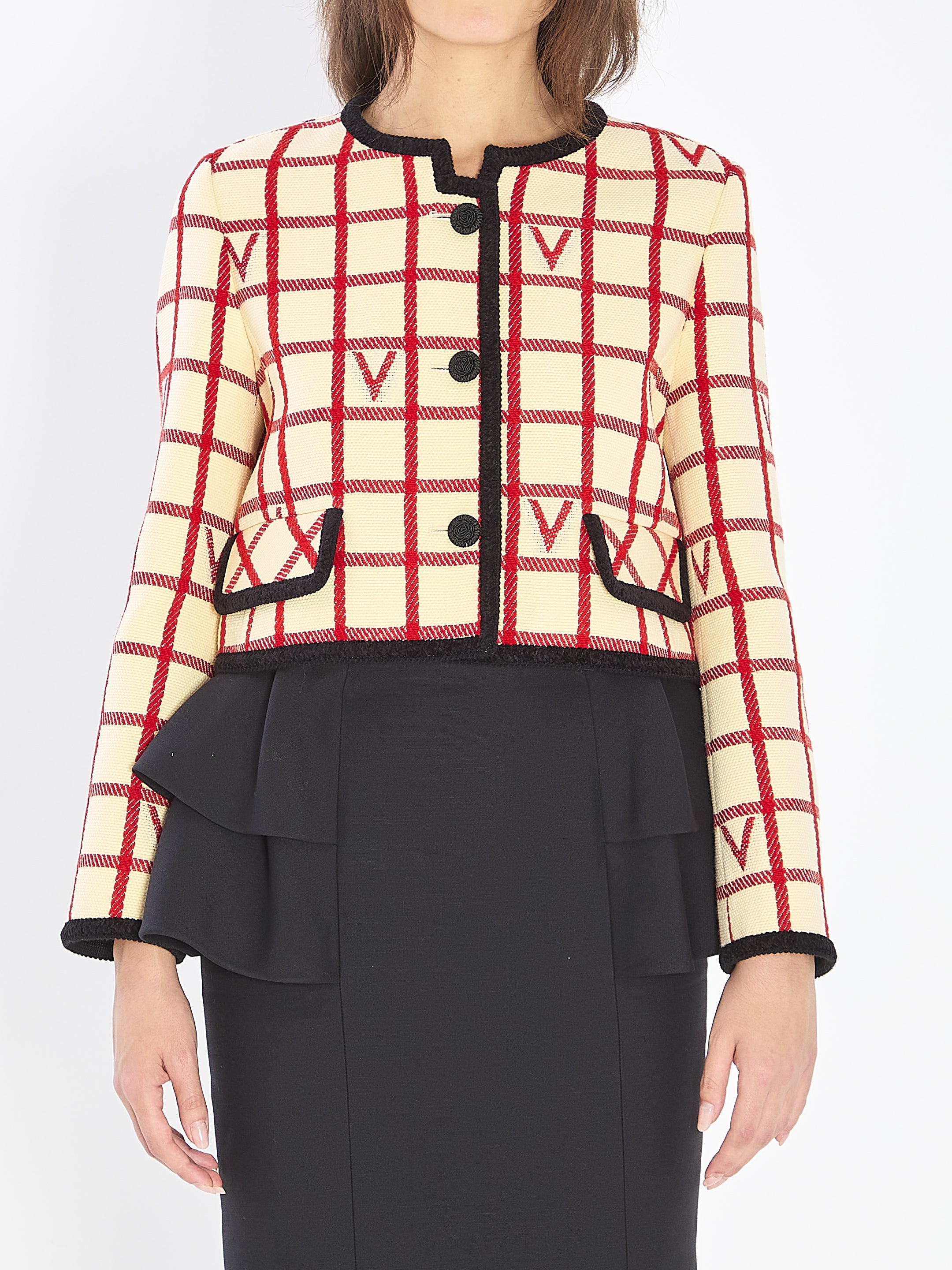 VALENTINO GARAVANI Cropped Wool-Cotton Blend Jacket with Contrast Trim Size 40 IT