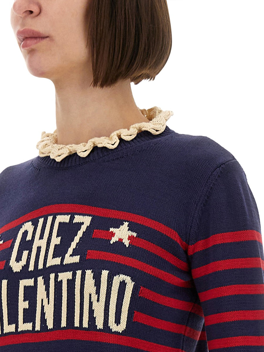 VALENTINO Striped Ruffle Neck Top for Women