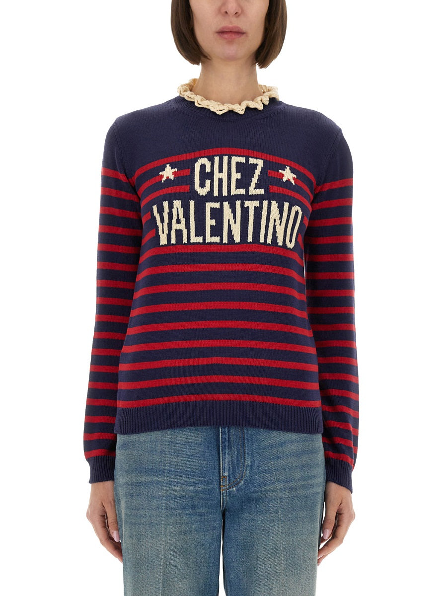 VALENTINO Striped Ruffle Neck Top for Women