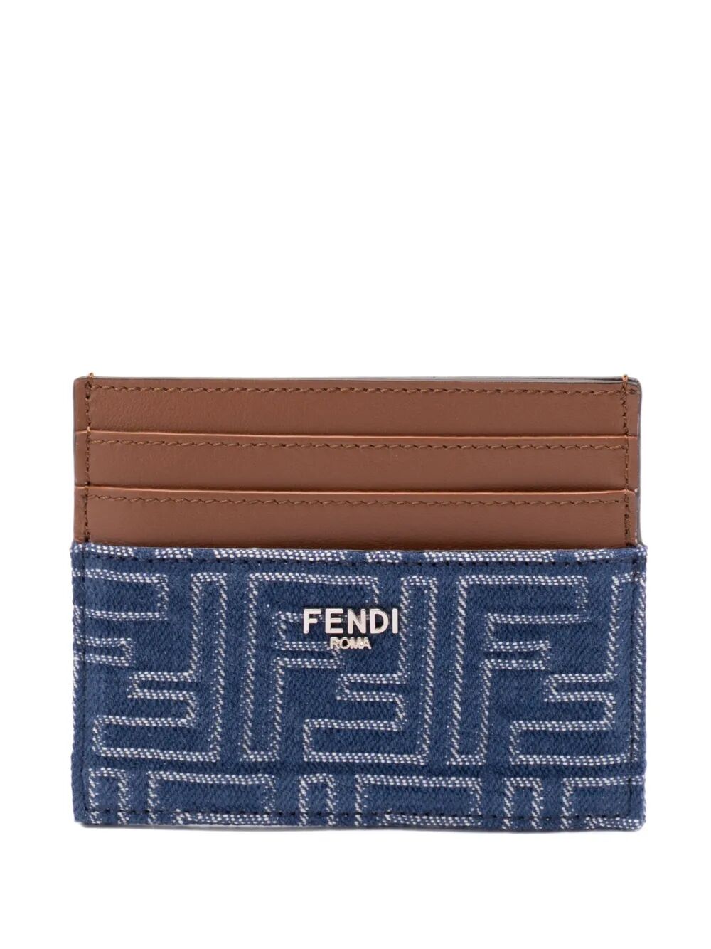 FENDI Denim Effect FF Jacquard Card Holder with Brown Leather Insert