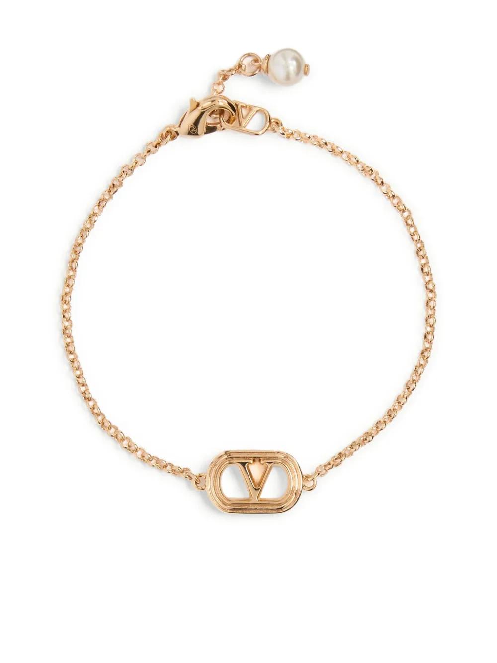 VALENTINO Oval Shaped Gold Tone Bracelet with Faux-Pearl Detailing
