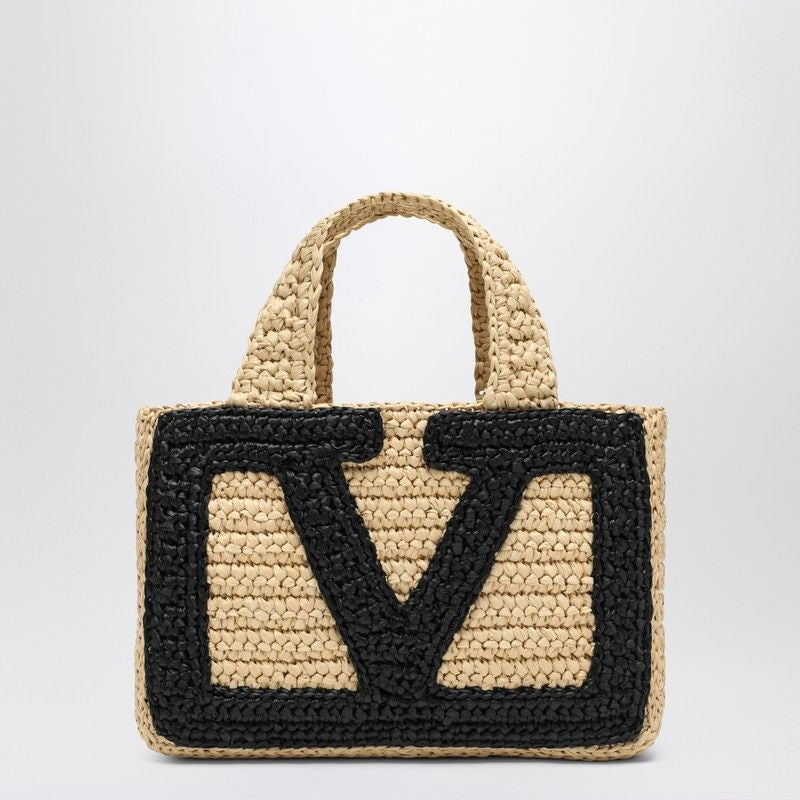 VALENTINO GARAVANI Mini Woven Raffia Handbag with Oversized Logo Design