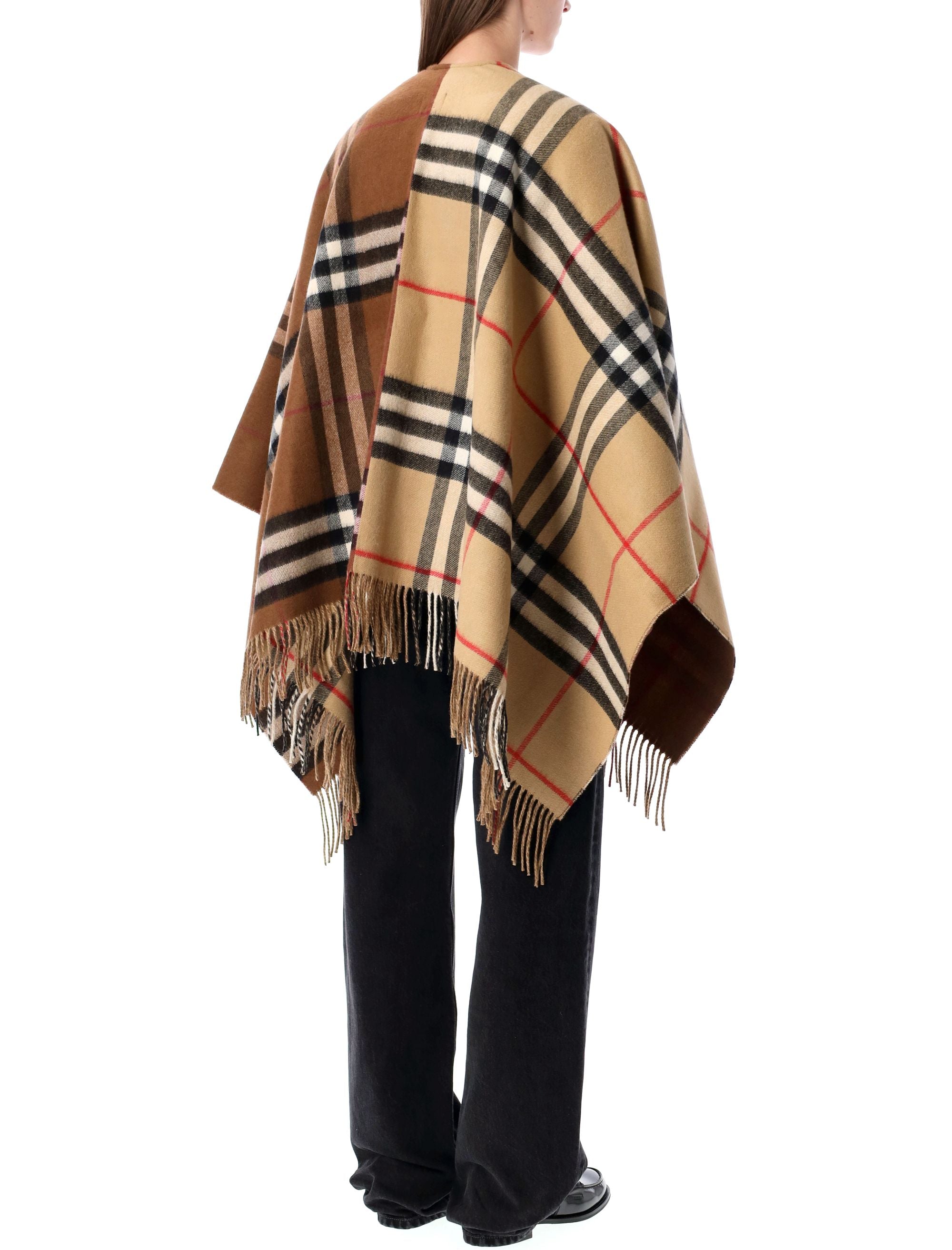 BURBERRY Wool Cashmere Cape with Contrast Check - One Size