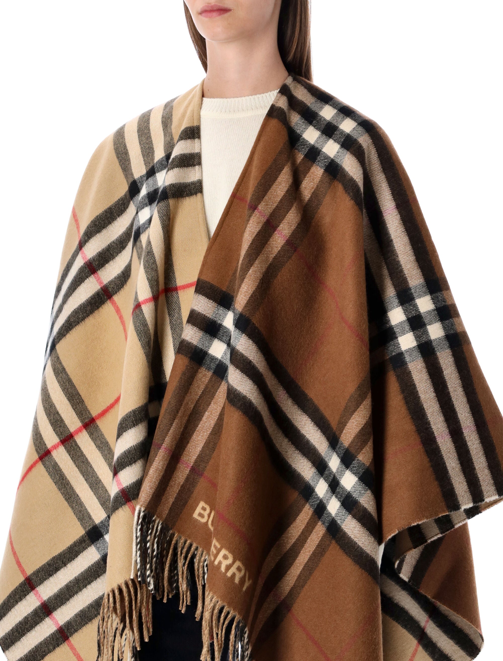 BURBERRY Wool Cashmere Cape with Contrast Check - One Size