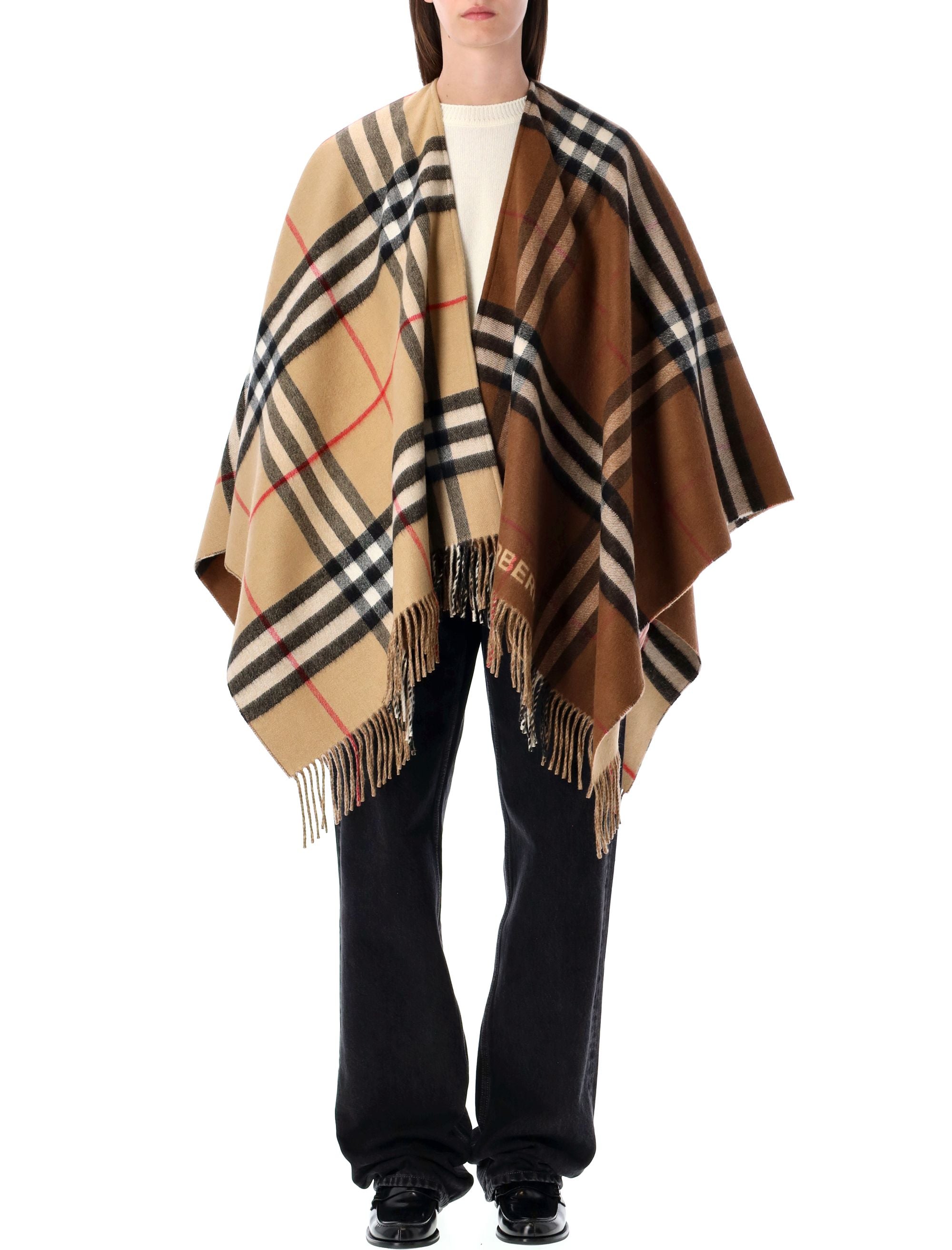 BURBERRY Wool Cashmere Cape with Contrast Check - One Size