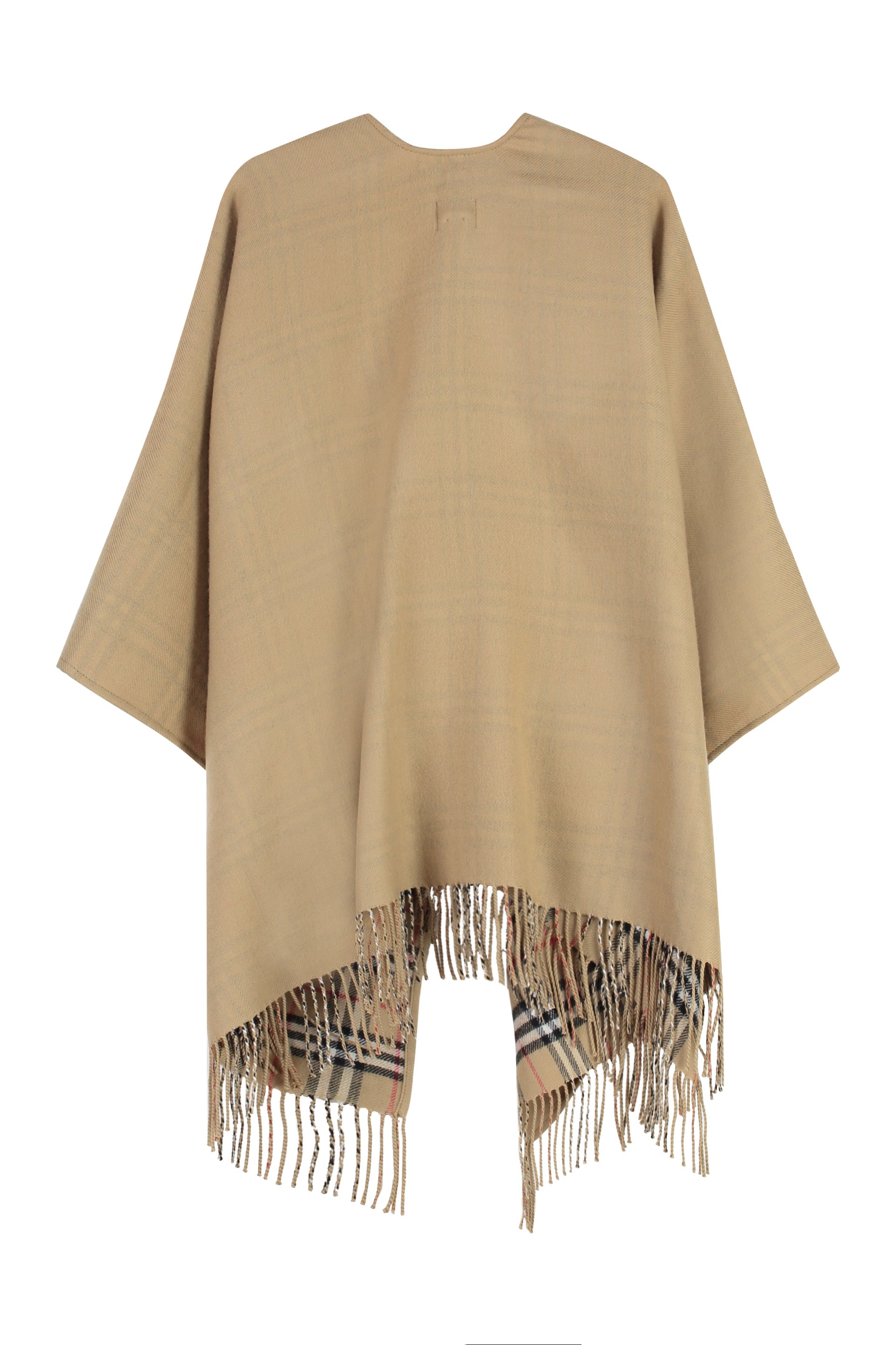 BURBERRY Wool Cape with Check Pattern and Decorative Fringes