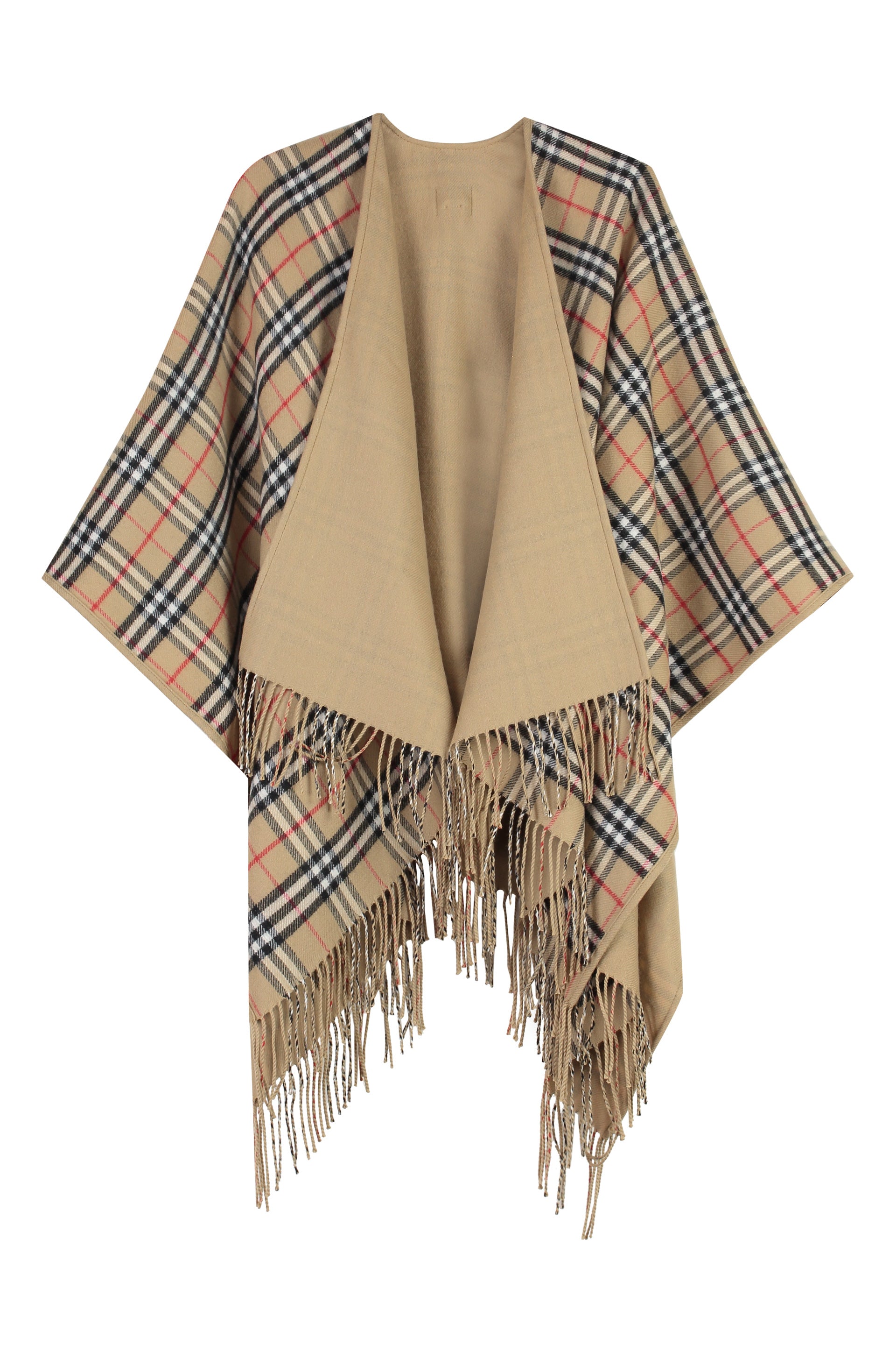 BURBERRY Wool Cape with Check Pattern and Decorative Fringes