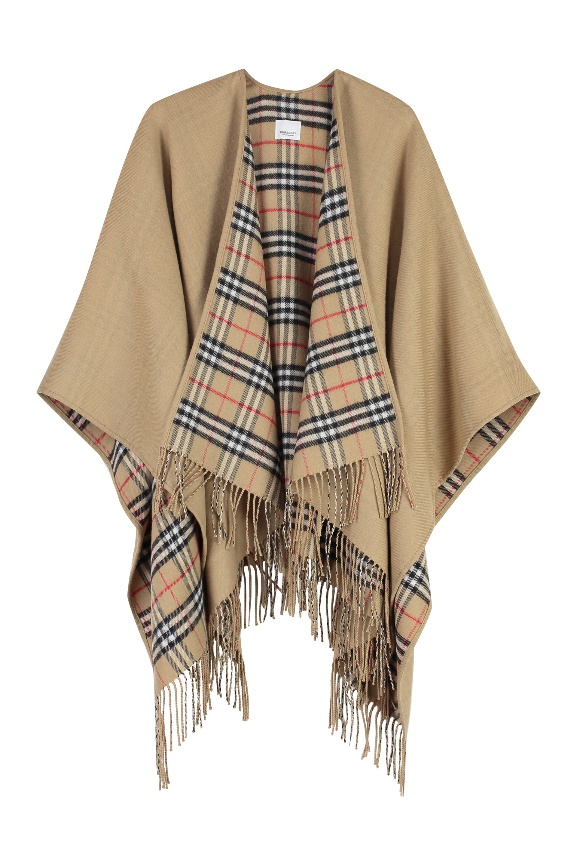 BURBERRY Wool Cape with Check Pattern and Decorative Fringes