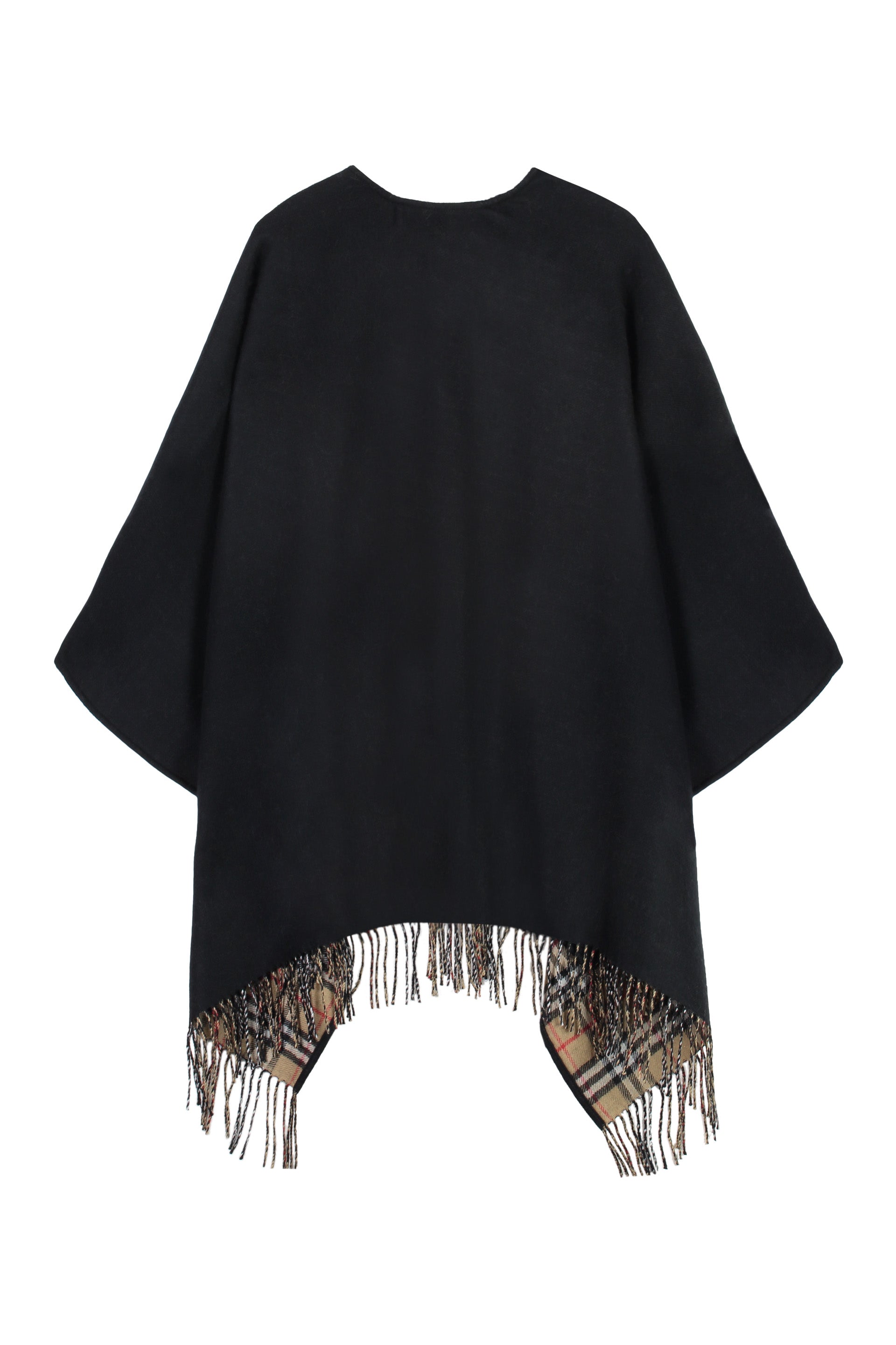 BURBERRY Wool Cape with Check Pattern and Fringe Details