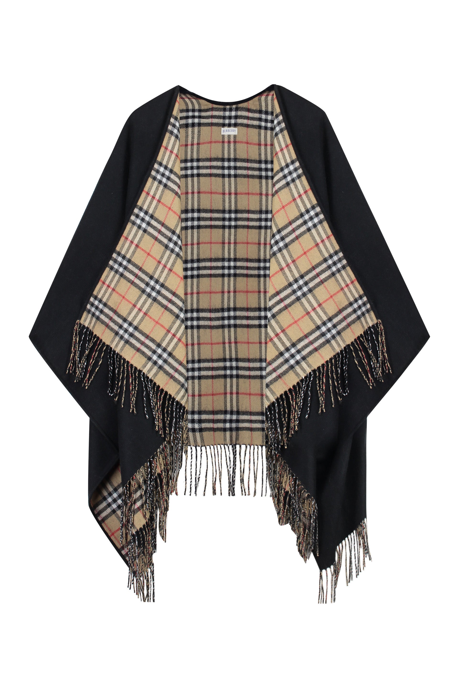 BURBERRY Wool Cape with Check Pattern and Fringe Details