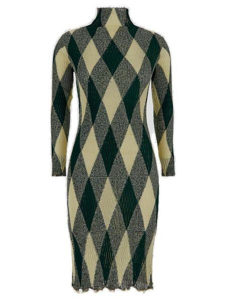 BURBERRY High-Neck Argyle Motif Dress - Slim Fit