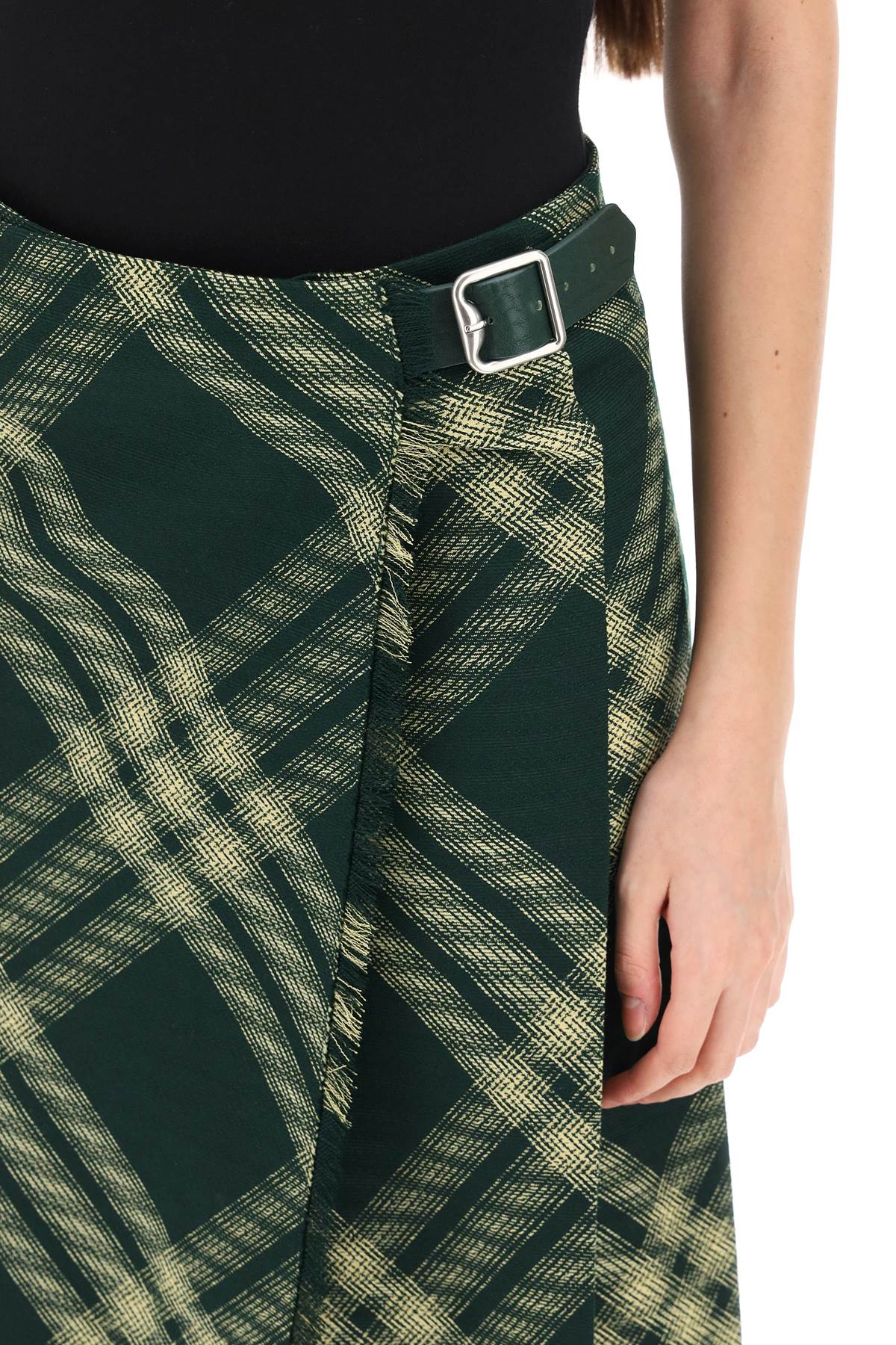 BURBERRY Wool Midi Skirt with Frayed Edge and Side Buckle Fastening