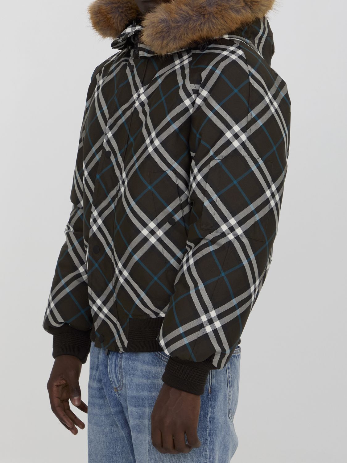 BURBERRY Men's Check Jacket with Faux Fur Hood - Regular Fit