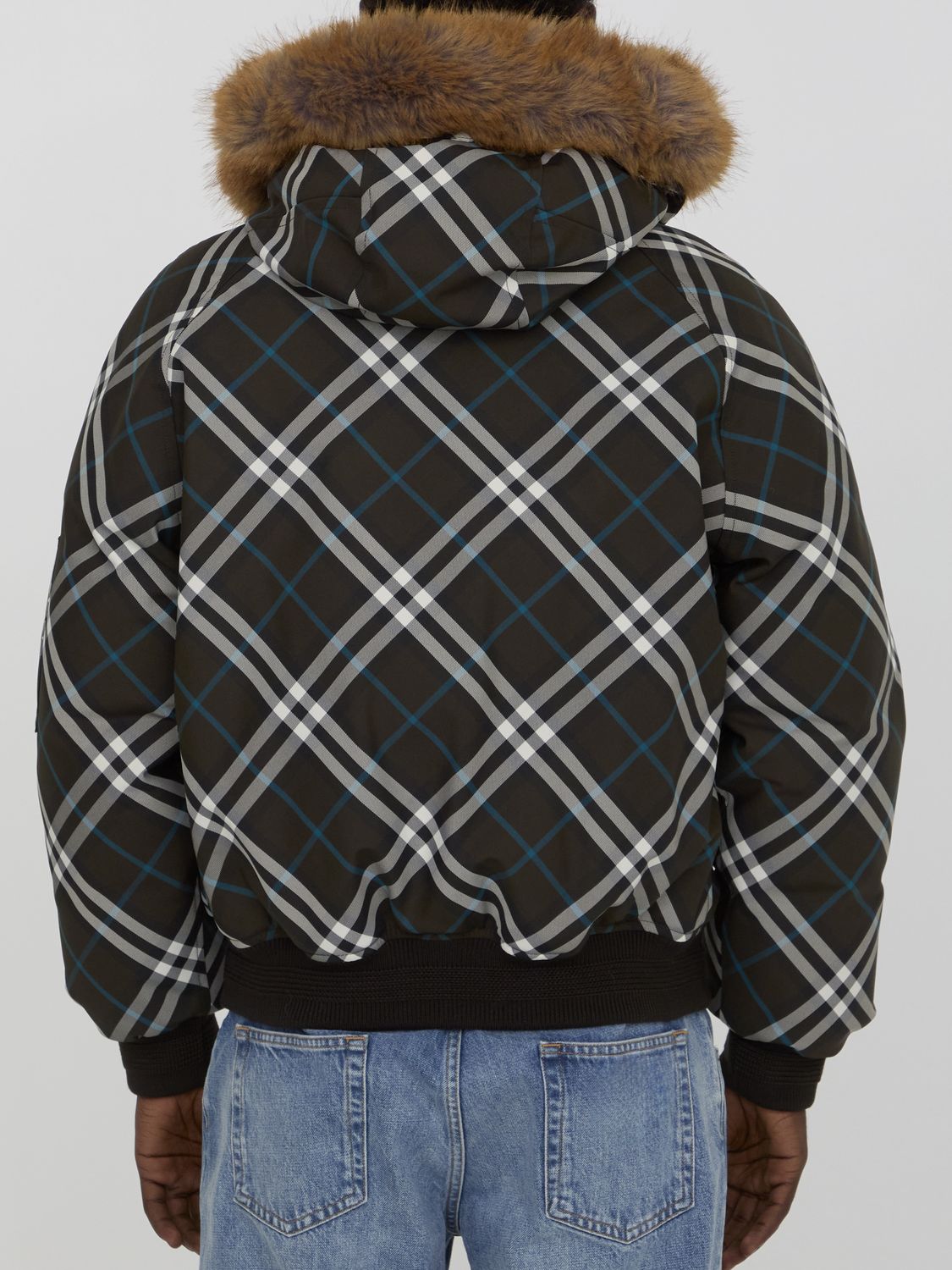 BURBERRY Men's Check Jacket with Faux Fur Hood - Regular Fit