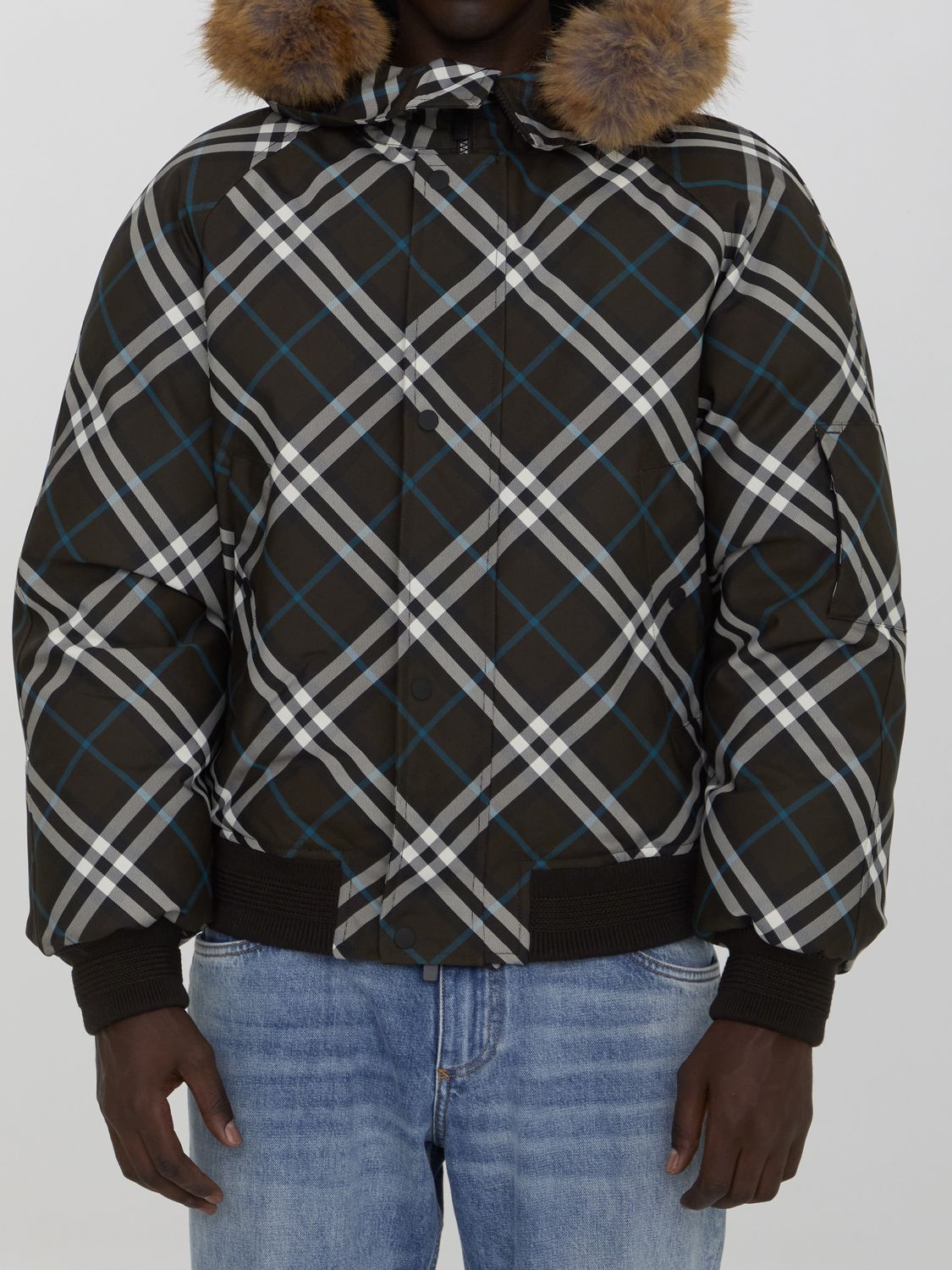 BURBERRY Men's Check Jacket with Faux Fur Hood - Regular Fit