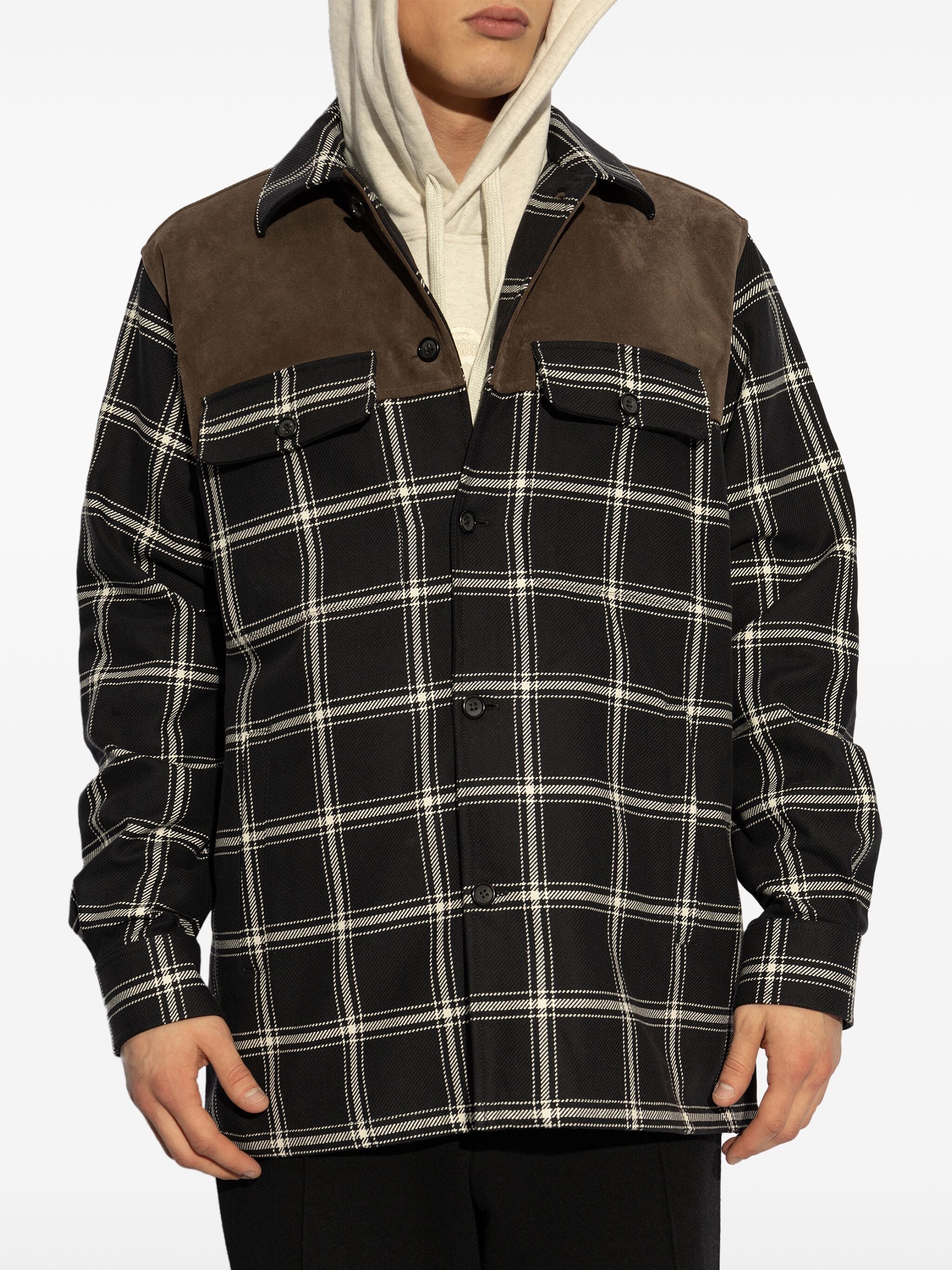 ALEXANDER MCQUEEN Checkered Design Overshirt with Suede Collar - Men's Loose Fit