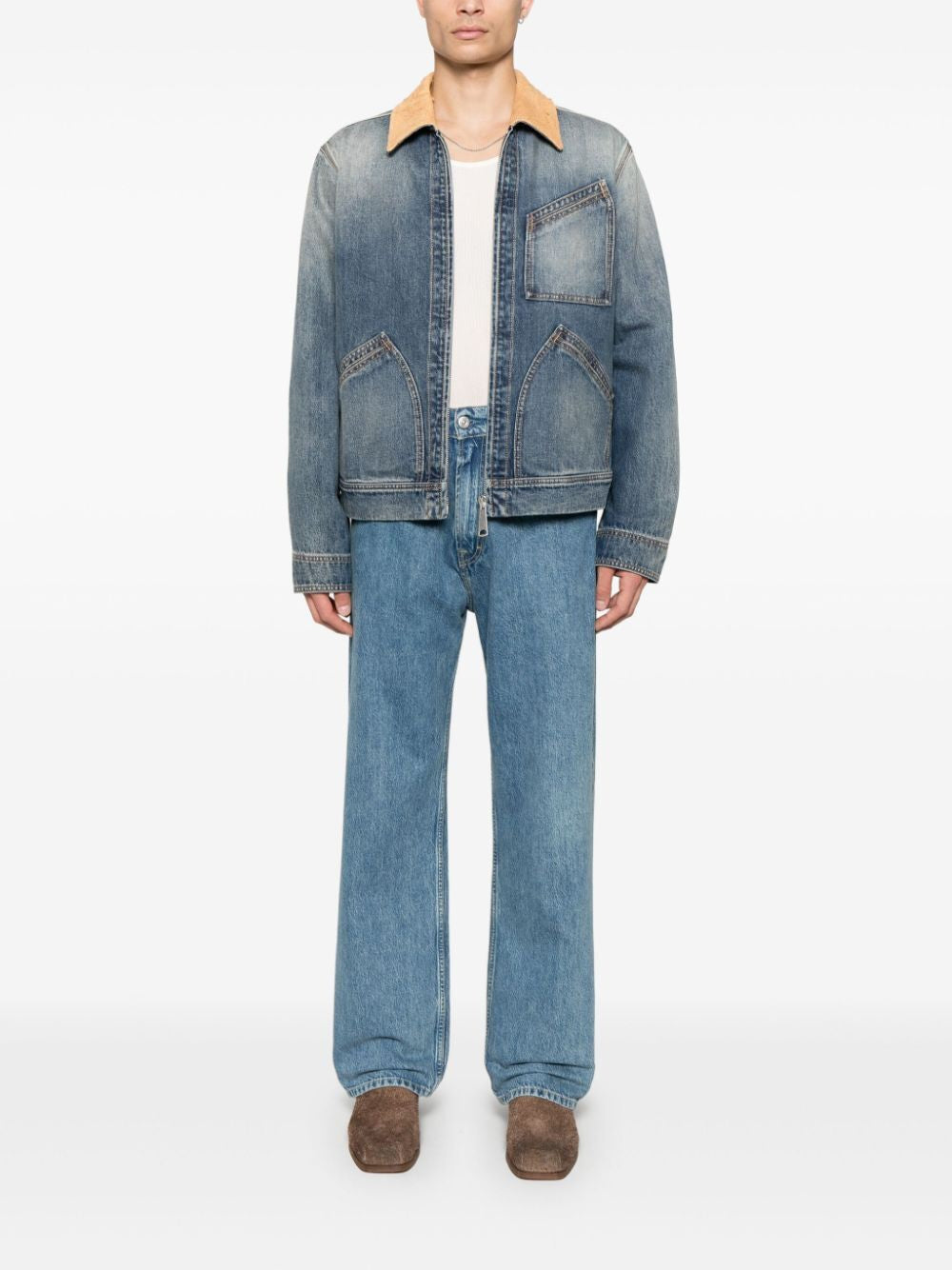 ALEXANDER MCQUEEN Suede Collar Zip-Up Denim Jacket