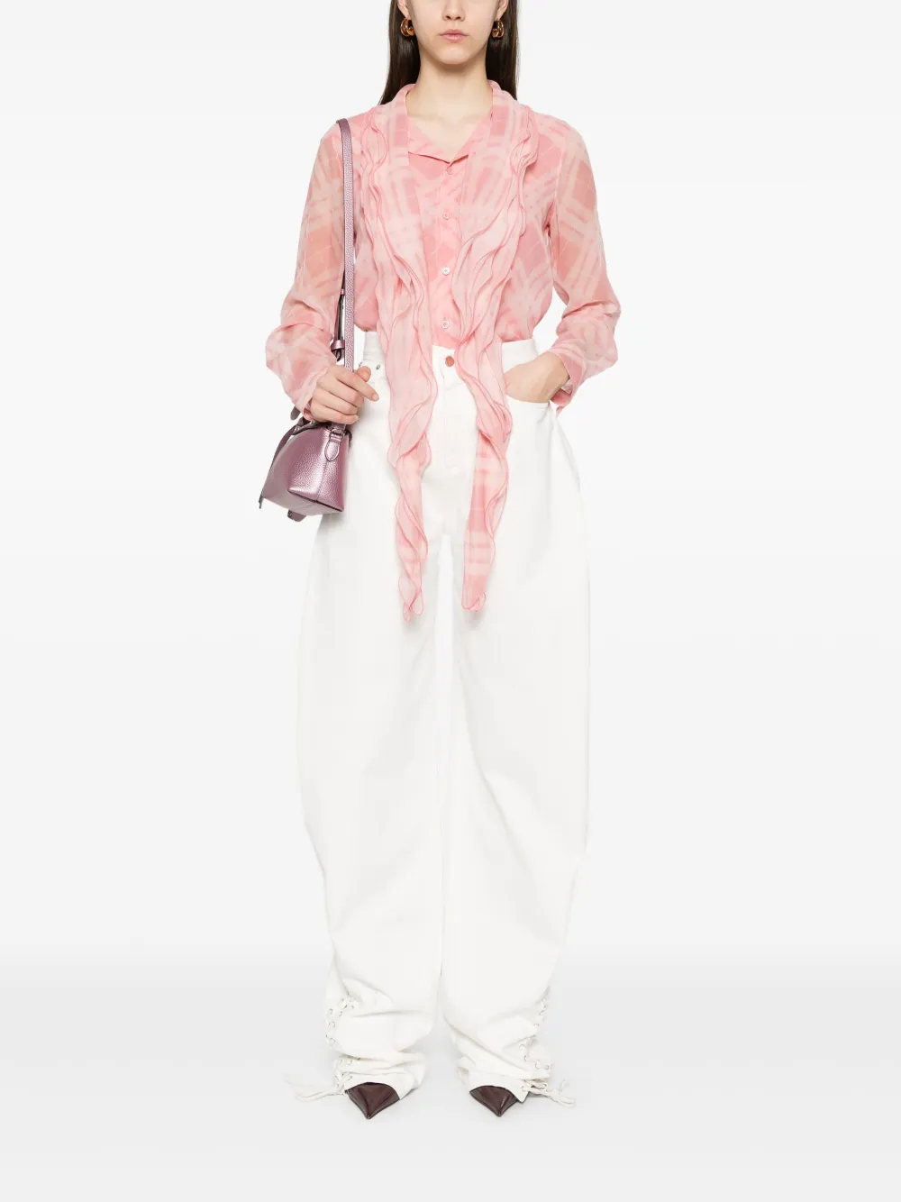 BURBERRY Checked Silk Blouse with Gathered Scarf - Regular Fit